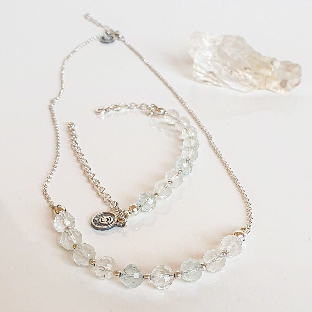 A set of light blue topaz silver jewelry including a necklace and a bracelet with silver accents, displayed on a white surface.
