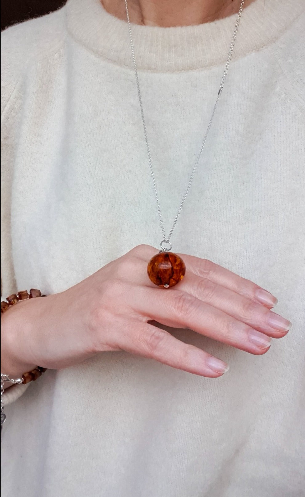 Cognac Amber Silver 925 Long  Necklace for Women "Sun Stories"