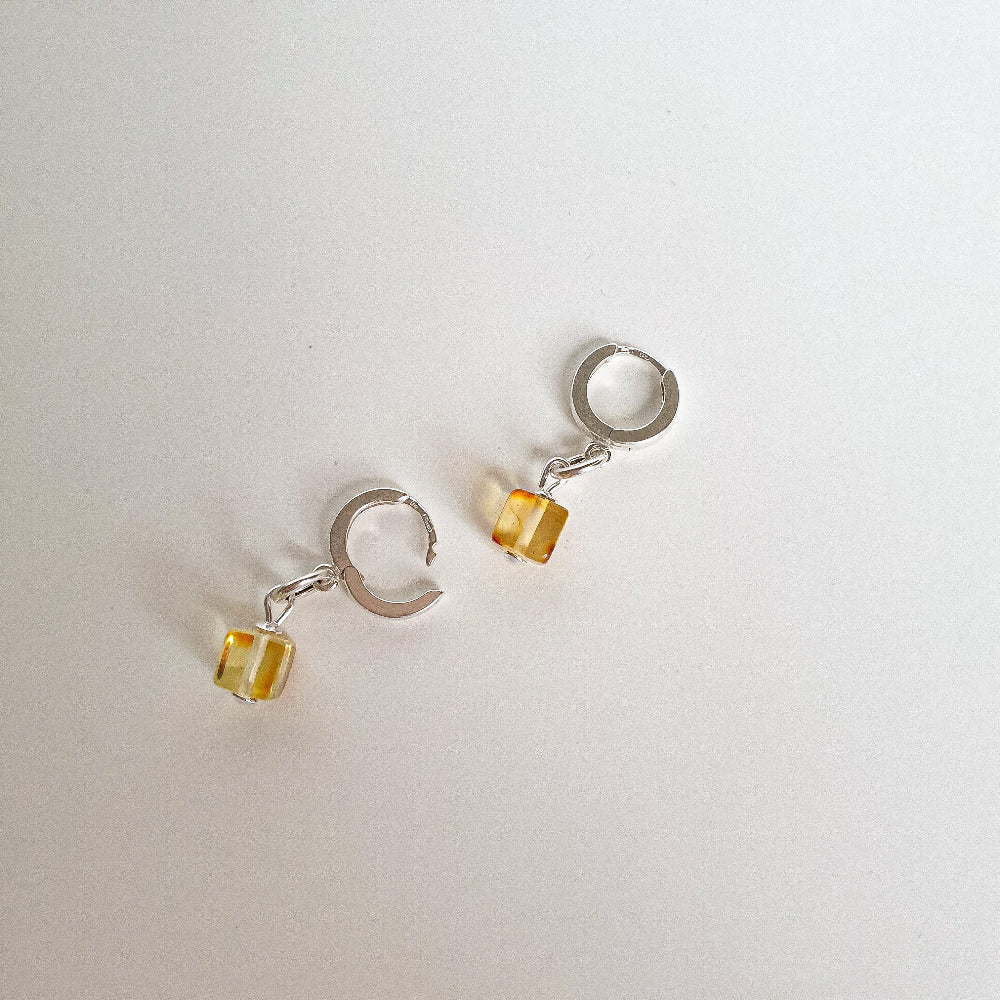 Silver 925 Earrings with Natural Cube Polished Baltic Amber "Sun Stories"