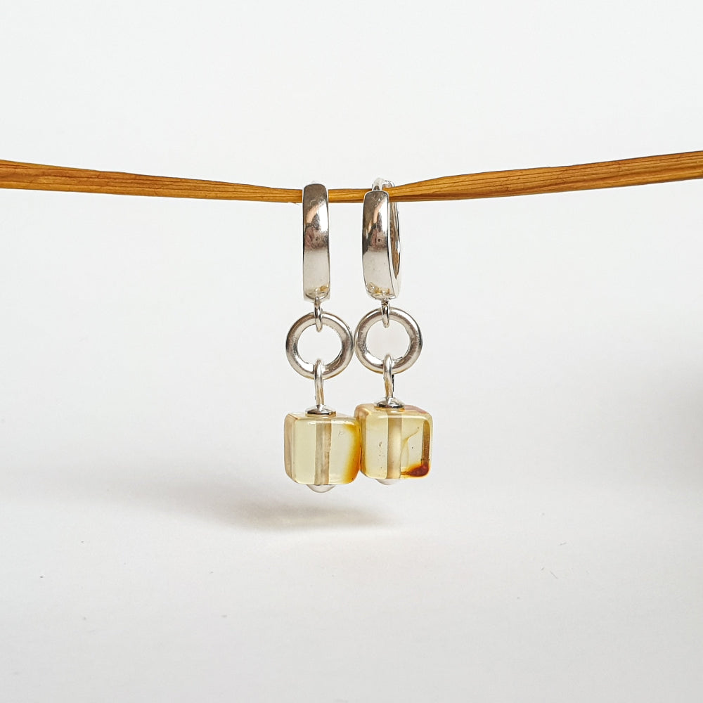 Silver 925 Earrings with Natural Cube Polished Baltic Amber "Sun Stories"