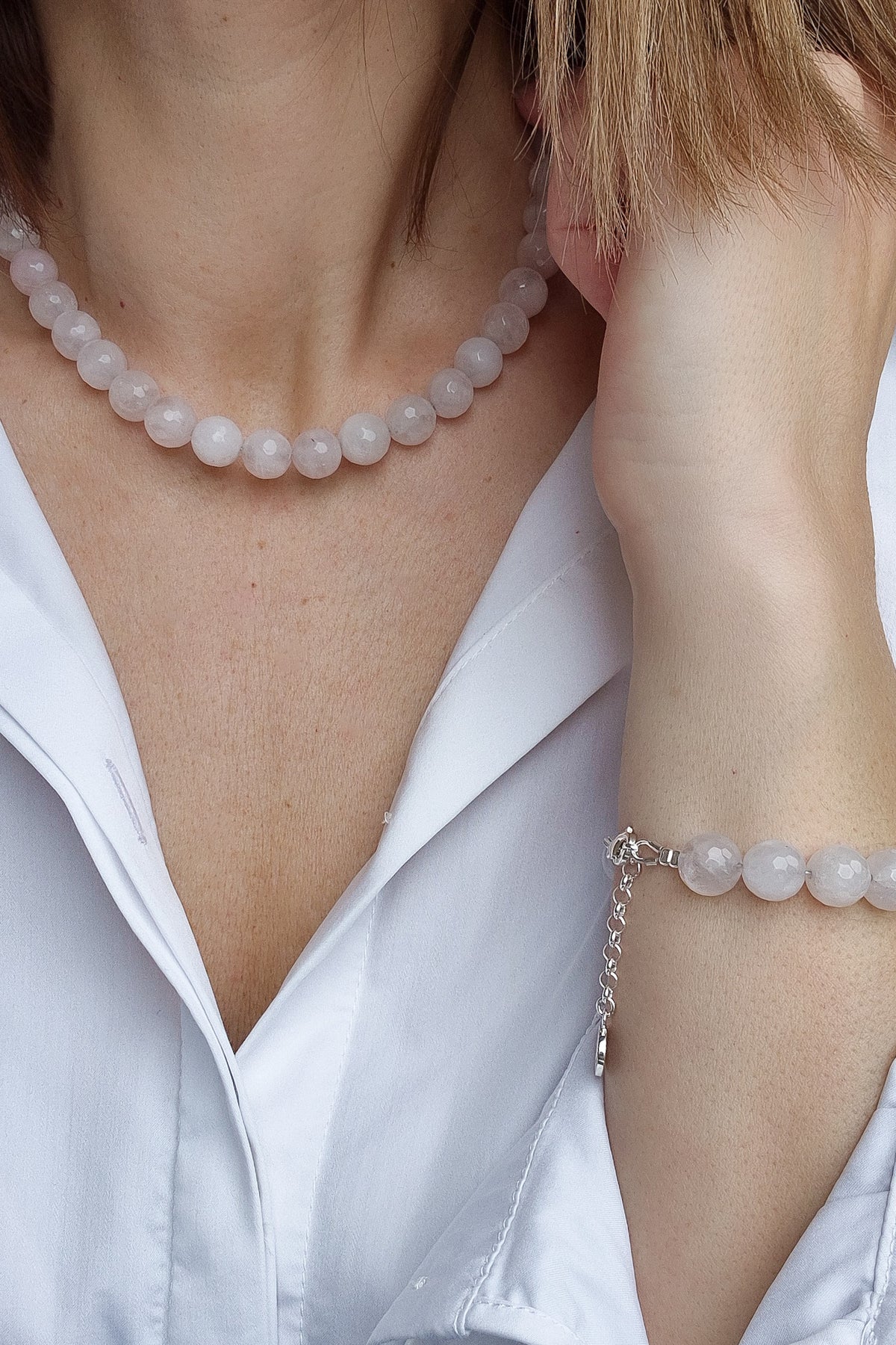 Pink Quartz Adjustable Silver Bracelet for Women "Tenderness"