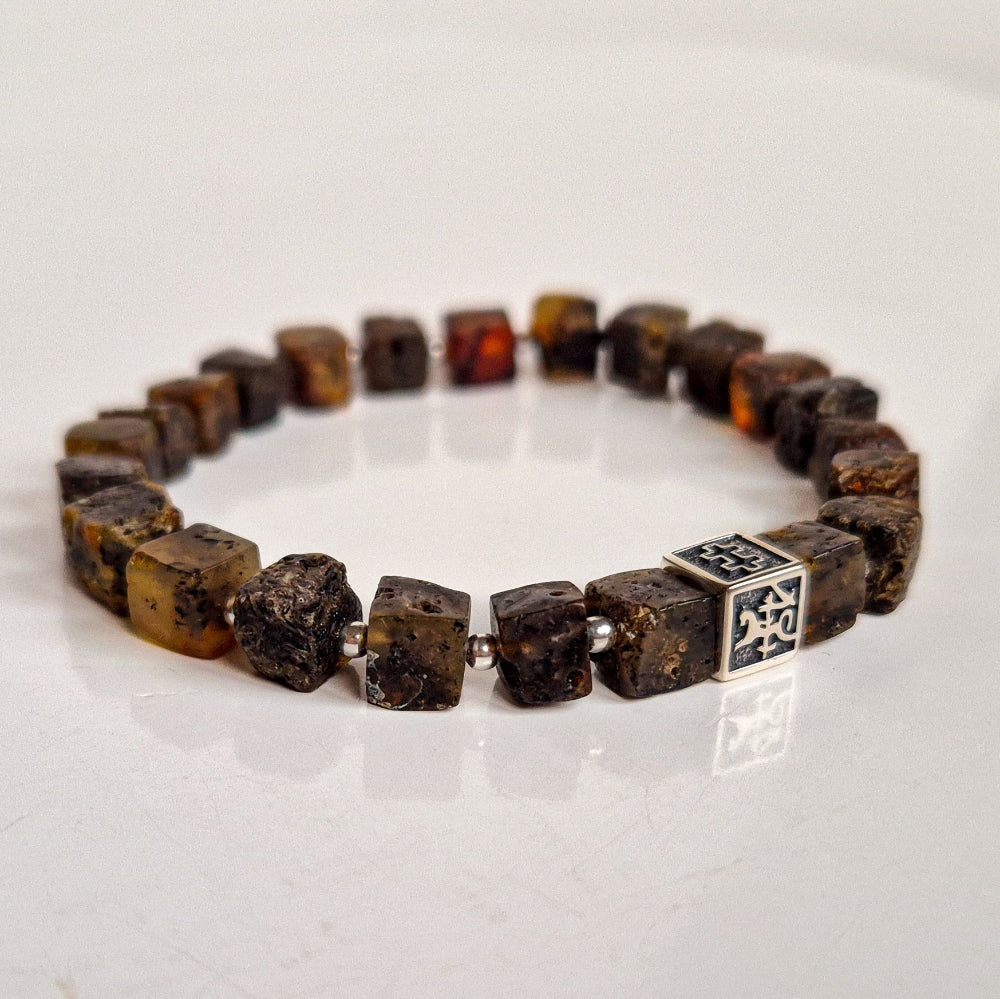 Black Baltic Amber Non Polished Cube Silver 925 Bracelet - Vytis - "Sun Stories"