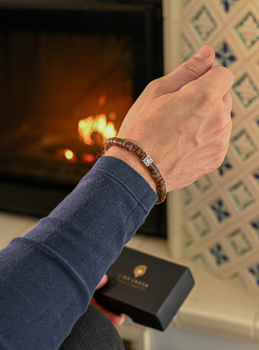 Black Baltic Amber Silver 925 Bracelet for Men - Vytis - "Sun Stories"