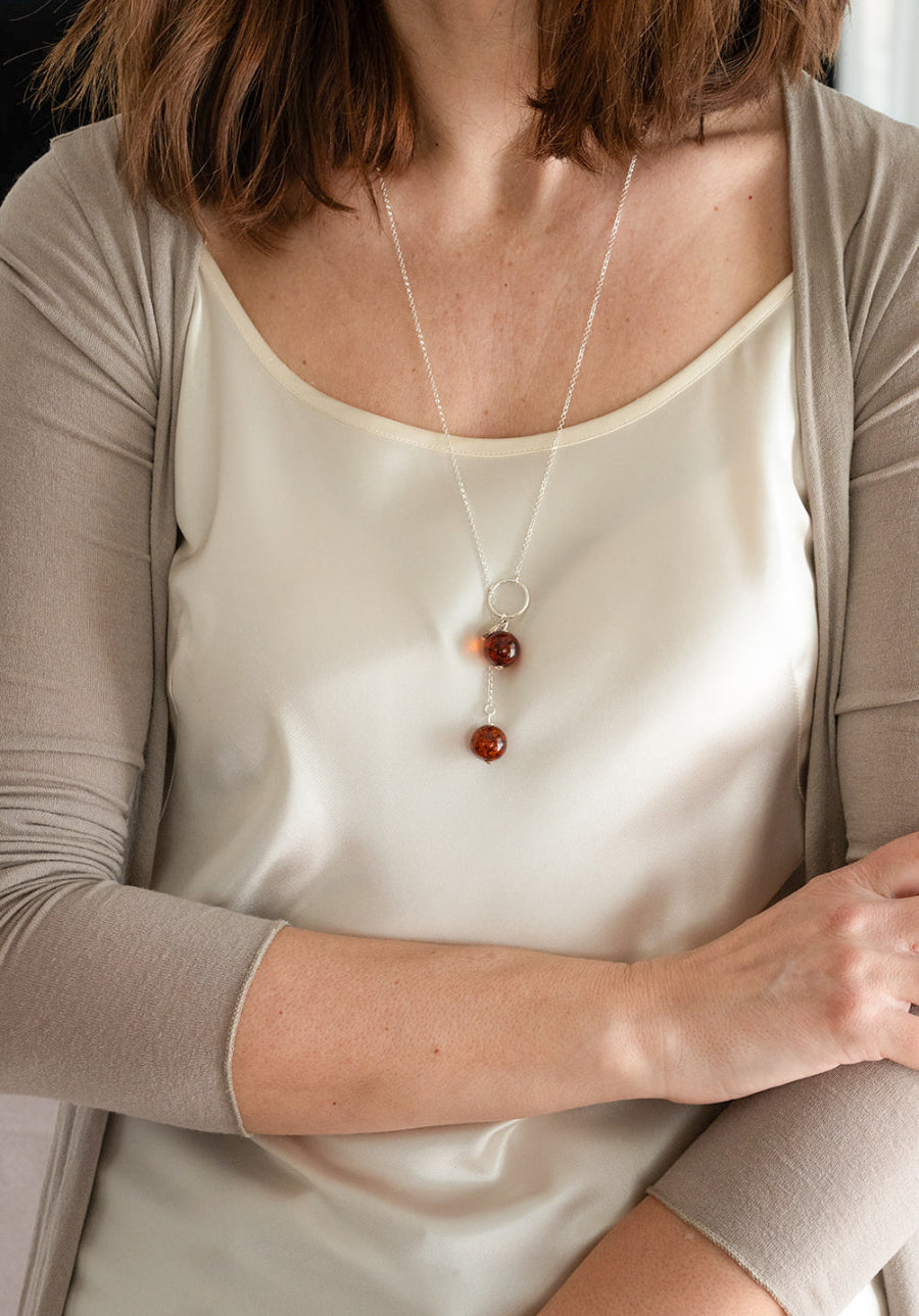 Baltic Amber Long Silver 925 Necklace for Women Cognac Colour "Sun Stories"