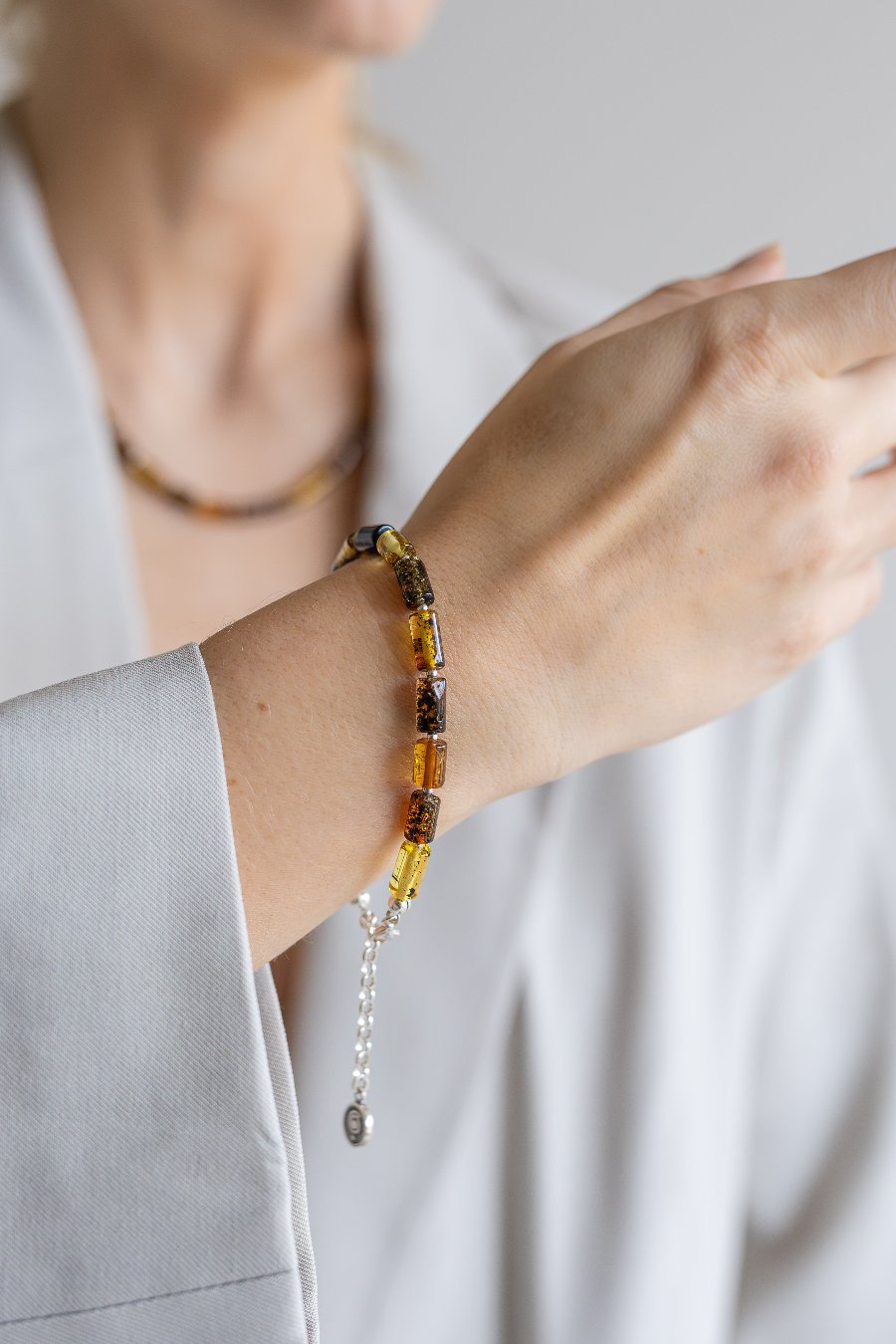 Set of Baltic Amber Silver 925 Necklace and Bracelet for Women Honey Colour "Sun Stories"