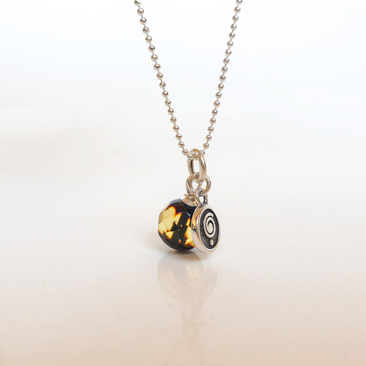 Natural Faceted Two-Tone Baltic Amber and Sterling Silver 925 Pendant with Chain