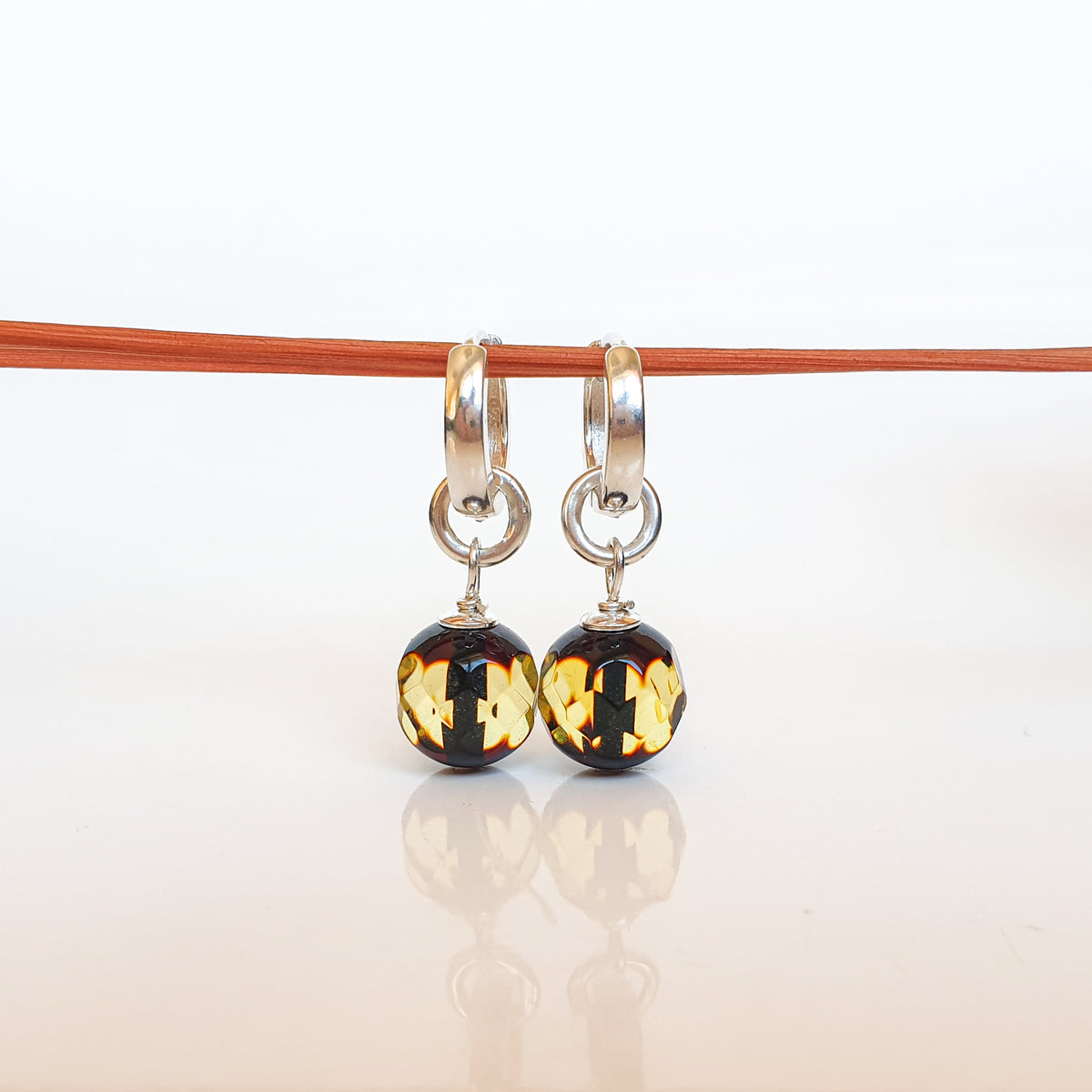 Natural Faceted Two-Tone Baltic Amber and Sterling Silver 925 Earrings